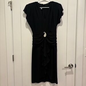 Darcy‎ Vintage Black Cocktail Dress V-Neck Ruched Waist Rhinestone Brooch Midi